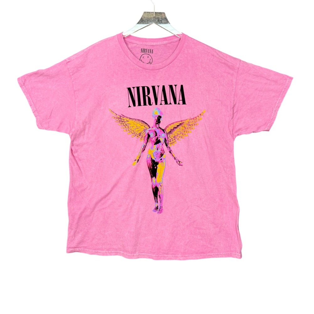 Nirvana Band Tee XL Pink Multi Angel Graphic Acid Wash Short Sleeve Shirt Retro